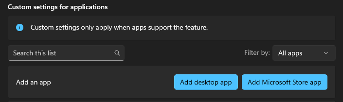 Custom settings for applications inside Windows Settings.