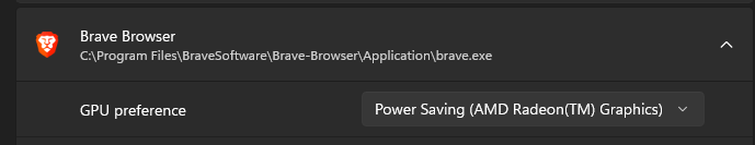 Brave Browser inside of Custom settings for applications with GPU preference on Power Saving mode.